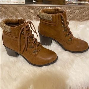 Camel heeled lace up boots